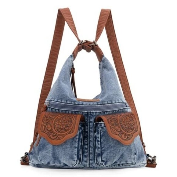 Convertible hobo, backpack, crossbody made of denim jean and PU leather - Picture 5 of 10